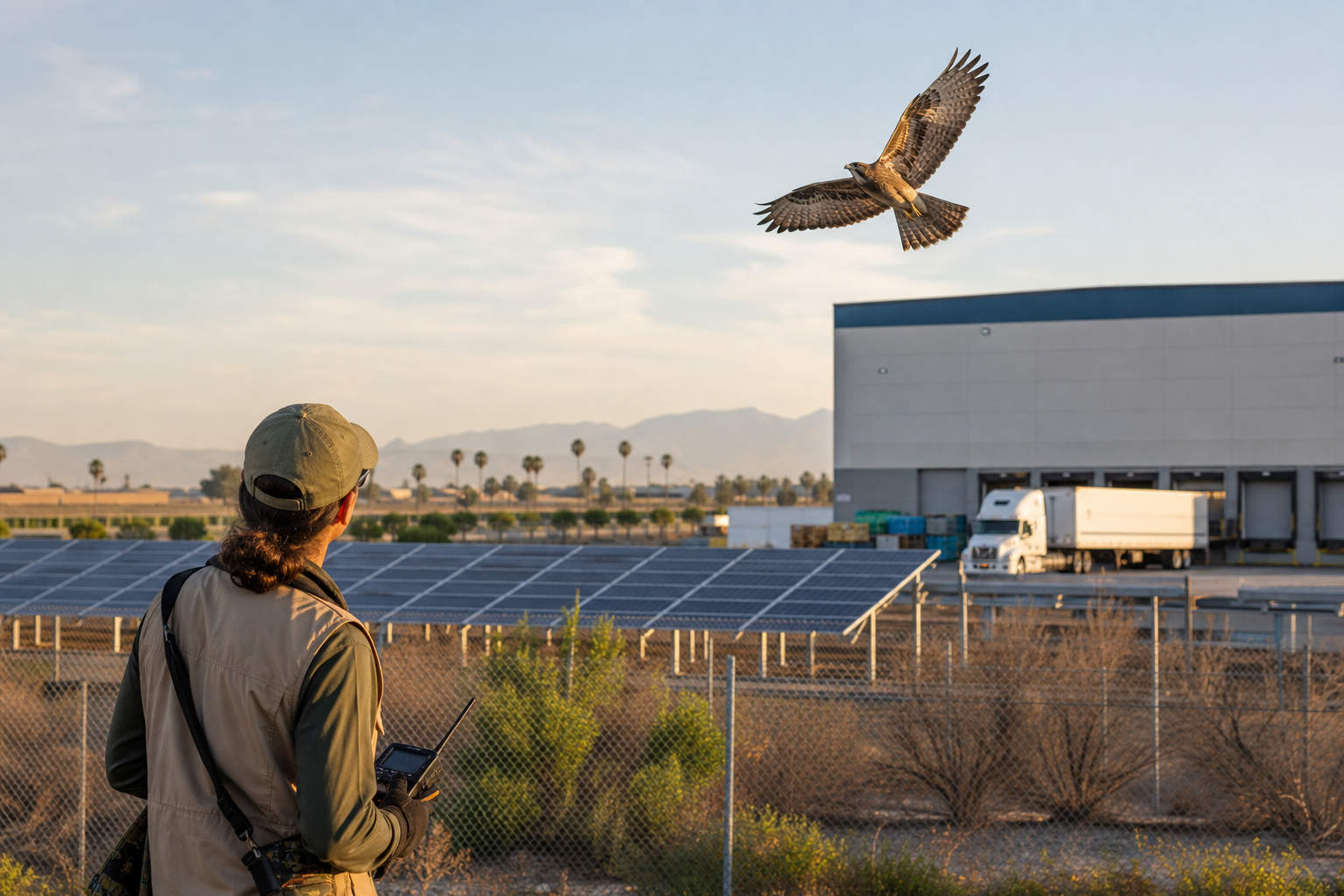 Falconer monitoring a trained raptor near a California commercial property